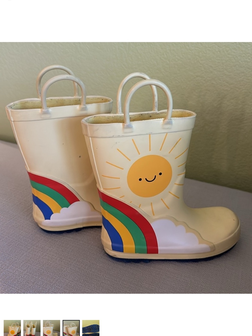 Cat & Jack Cream Rain Boots with Sunny Face & Rainbow